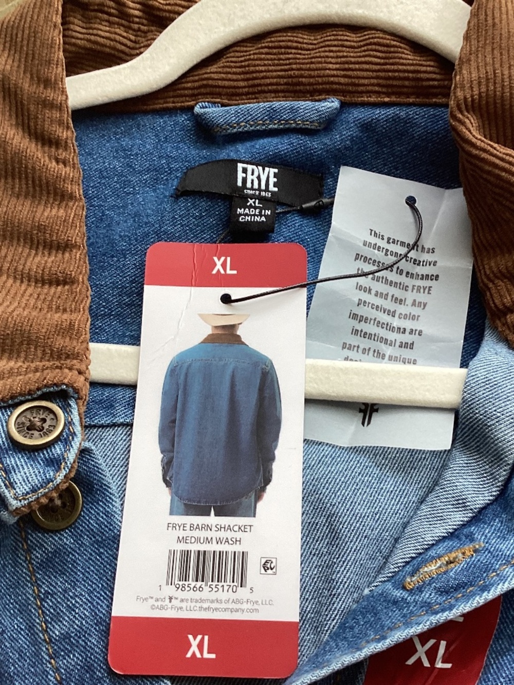 NWT FRYE MEN'S XL BARN SHACKET DENIM MEDIUM WASH WITH CORDUROY COLLAR - Picture 6 of 8